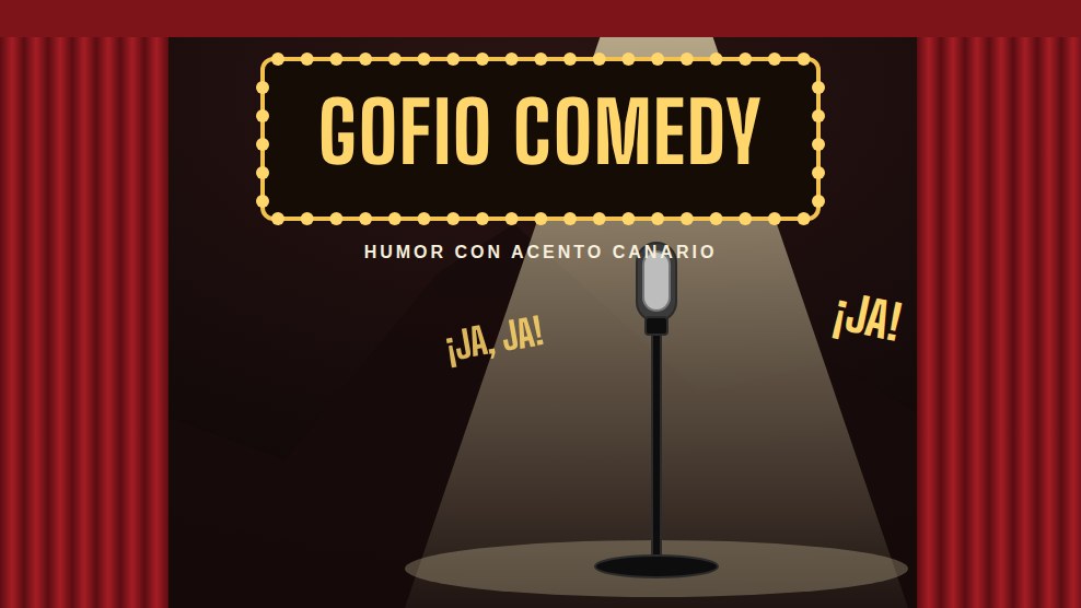 Ilustración: escenario con telón rojo, micrófono bajo un foco y cartel luminoso de Gofio Comedy
