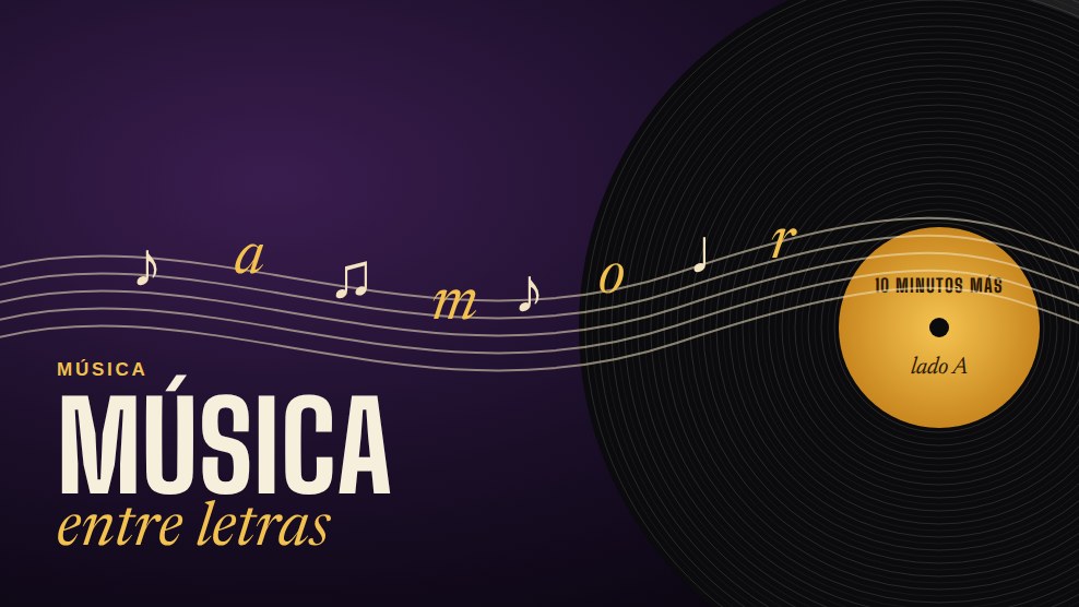 Ilustración: un pentagrama con notas y letras que llega hasta un disco de vinilo