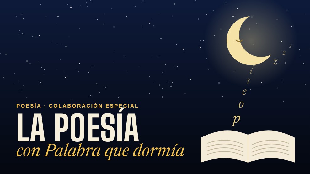 Ilustración: un libro abierto del que suben letras hacia una luna dormida en el cielo nocturno